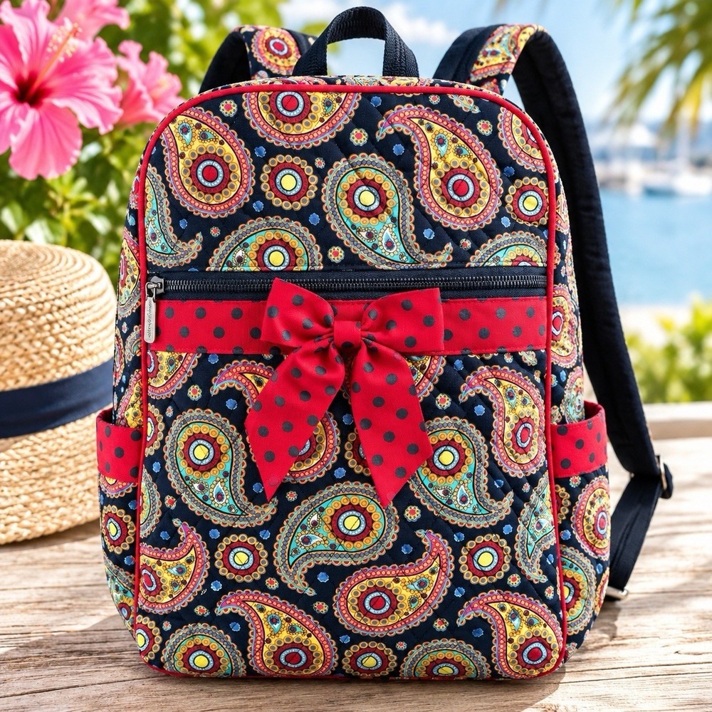 Belvah Quilted Paislely Backpack Red Polka Dot Bow Travel Book Bag Multicolor